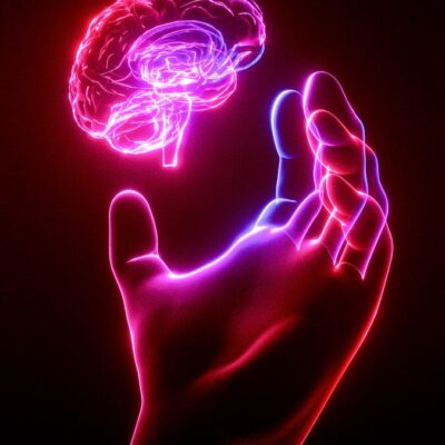 A person's hand holding a glowing brain model