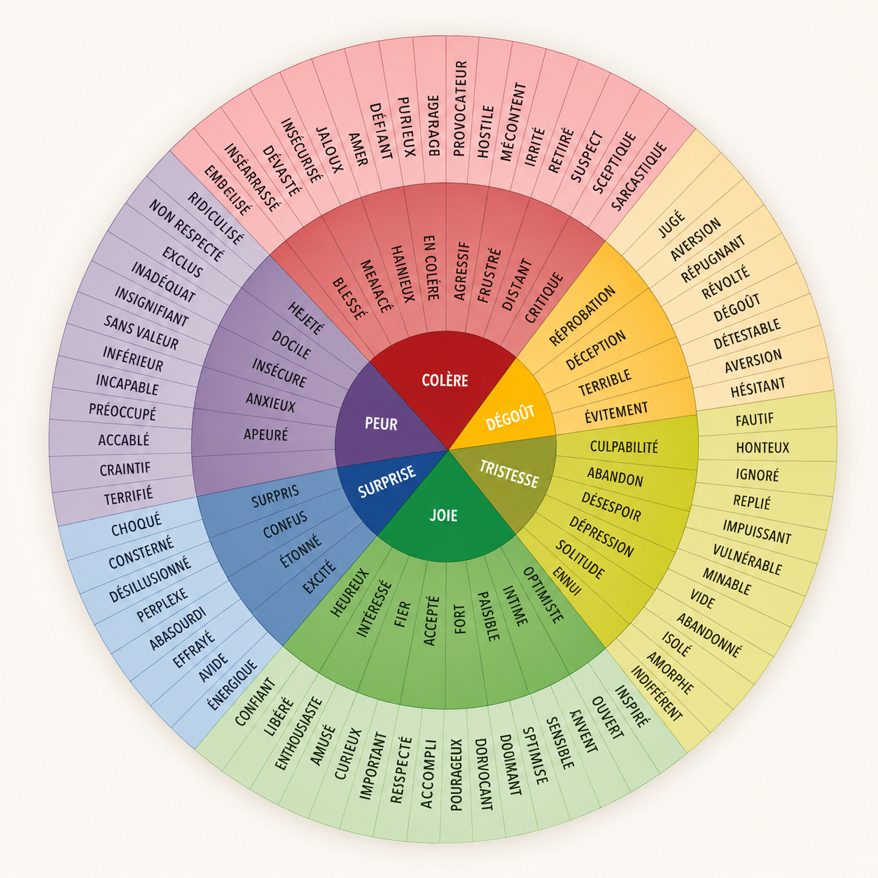 Roues des émotions en français montrant les émotions de base (Colère, Dégoût, Joie, Tristesse, Peur, Surprise) et leurs nuances par couleur, utilisée comme guide émotionnel visuel.