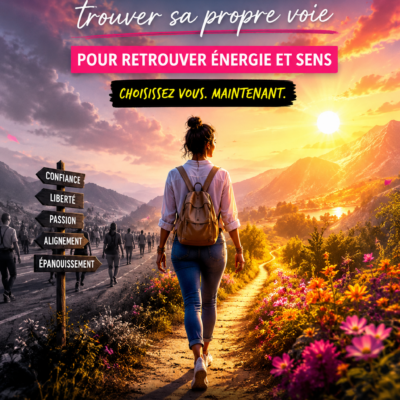 Poster of a woman with a backpack walking toward a sunset along a mountain path; signposts show words like Confiance, Liberté, Passion, Alignement, Épanouissement; coaching promo for Lina Hadid.