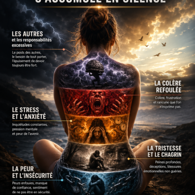 MS_Emotions_Corps_Douleurs - Lina Hadid Poster montrant une femme vue de dos avec des zones colorées sur le dos représentant les émotions et la douleur (peur, stress, colère, tristesse, insécurité).