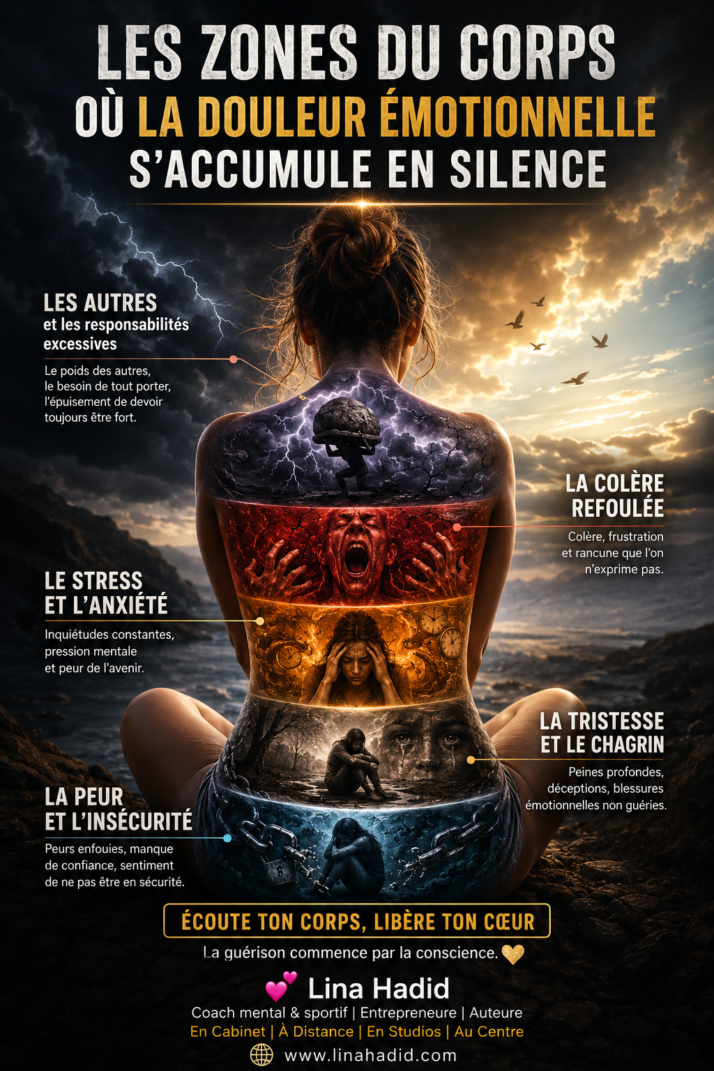 Poster montrant une femme vue de dos avec des zones colorées sur le dos représentant les émotions et la douleur (peur, stress, colère, tristesse, insécurité).