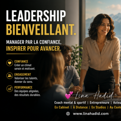 Professional meeting scene with a woman standing and smiling while a team sits around the table; left side shows the French leadership message 'Leadership Bienveillant' with bullet points for Confiance, Engagement, Performance.