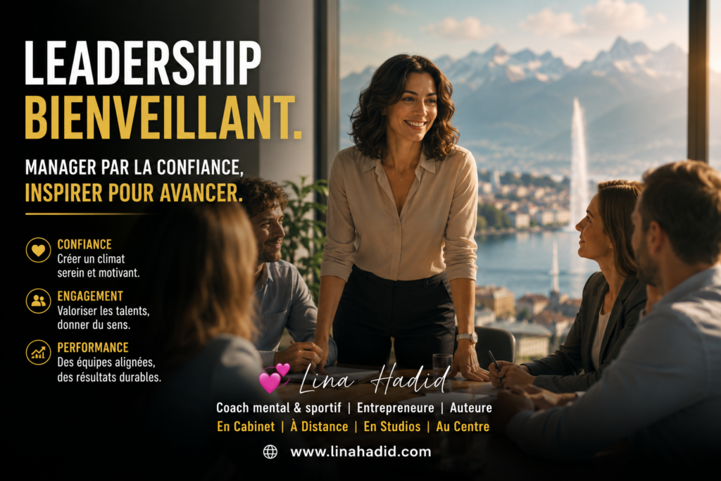 Professional meeting scene with a woman standing and smiling while a team sits around the table; left side shows the French leadership message 'Leadership Bienveillant' with bullet points for Confiance, Engagement, Performance.